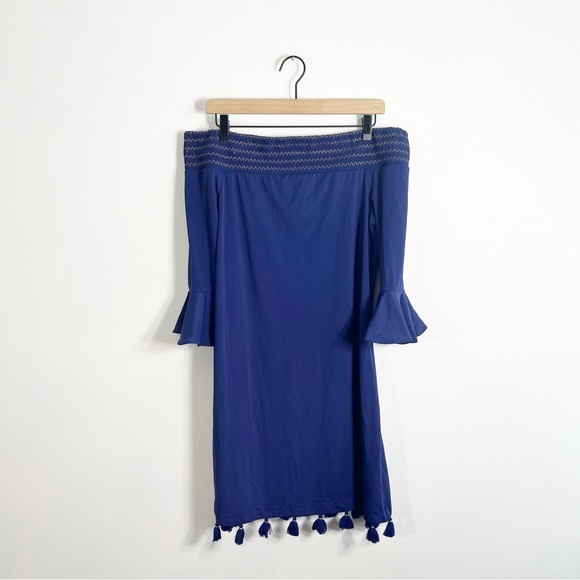 Cabana Life Navy Terry Off the Shoulder Dress Mini Tassel Medium - Picture 4 of 8